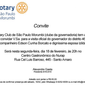 Convite para visita oficial de governador de Rotary – dia 18/02/2019, às 20h