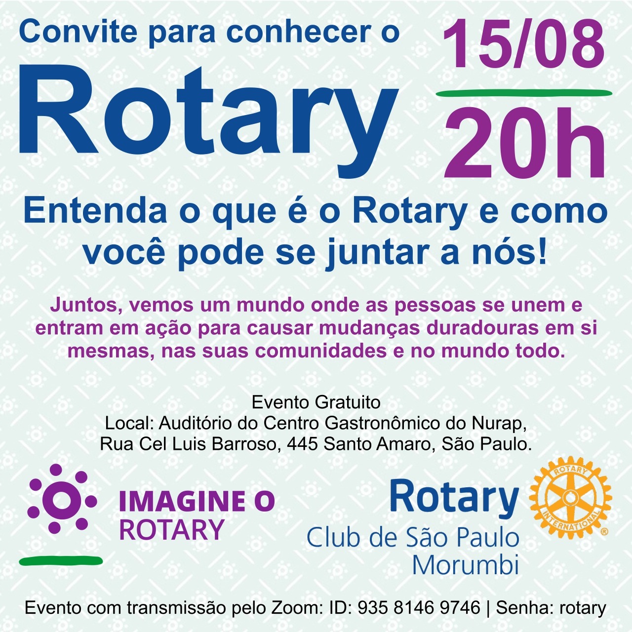 Convite para reunião de apresentação do Rotary Morumbi em 15/08/2022