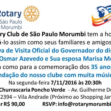 Convite para festa do 35 aniversário do Rotary Morumbi com visita do governador de Rotary