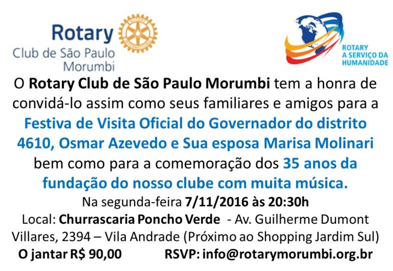 Convite para festa do 35 aniversário do Rotary Morumbi com visita do governador de Rotary